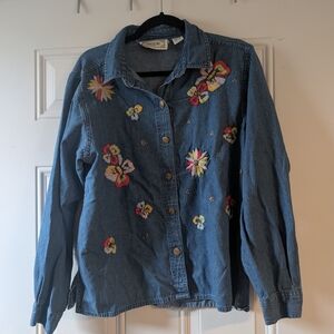 ✨5 For $50 Vintage Embroidered Flowers Denim Button Up Size L